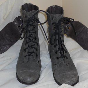 Maje 37 Gray Leather Lace Up Boots Flap Over Laces Studs Back Zip